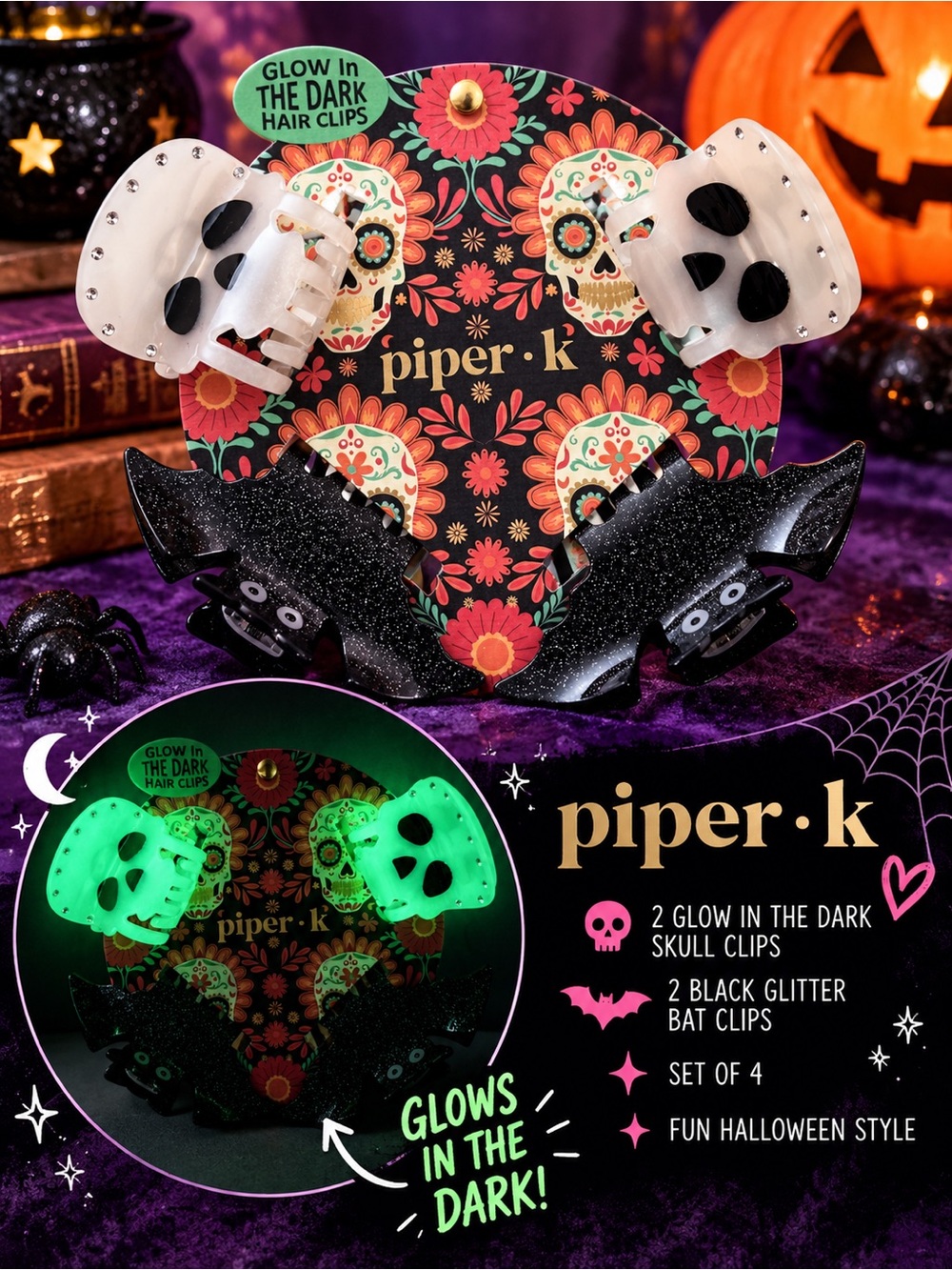 Piper K Glow in the Dark Skull and Bat Hair Claw Clips 4 Pc Halloween NWT
